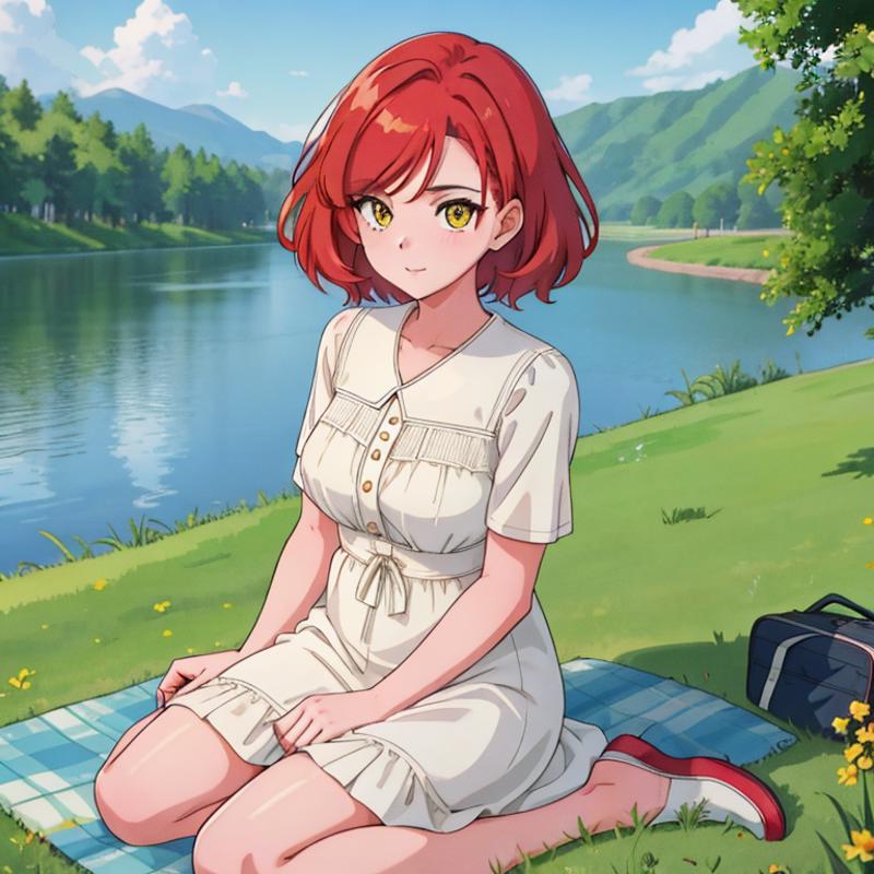 00138-2299588985-1Girl, mature, American, redhead, medium hair, yellow eyes, sitting on a picnic blanket near a lake, elegant summer dress, happy.png